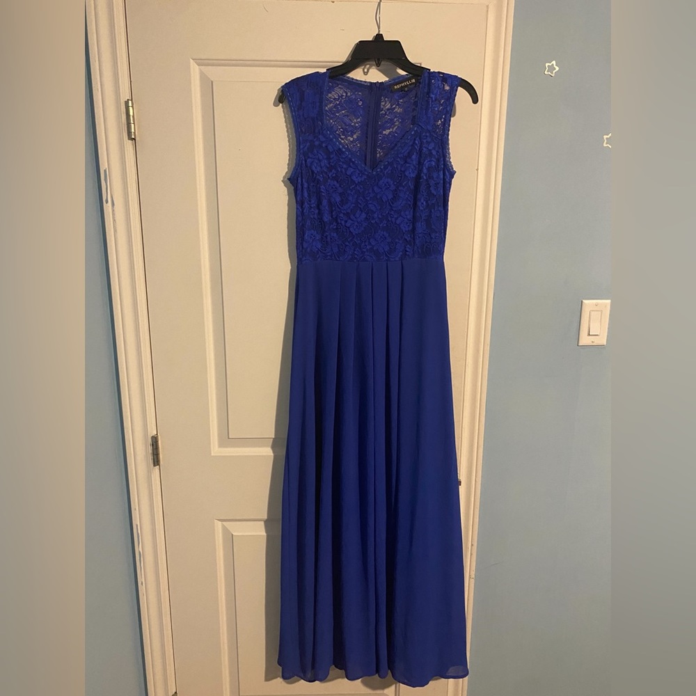 Long blue silk dress for proms, wedding, dinner party’s or Galway